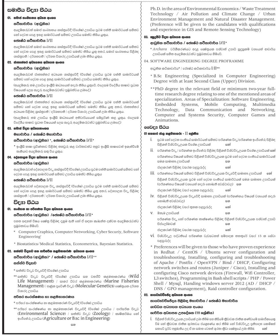 Assistant Network Manager, Lecturer, Senior Lecturer, Professor, Senior Professor, Instructor in Physical Education - University of Kelaniya